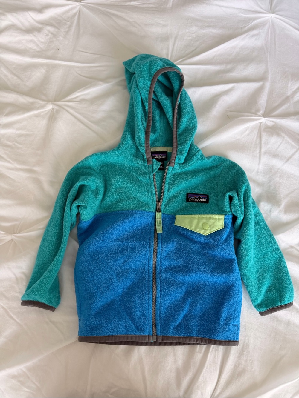 Patagonia Kids Teal, Blue & Lime Hooded Fleece Zip Jacket